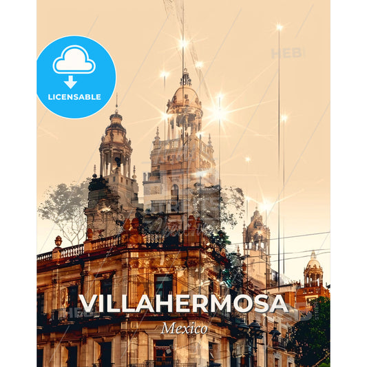 Villahermosa City Skyline Double Exposure - A building with a tower and trees - Square format print template