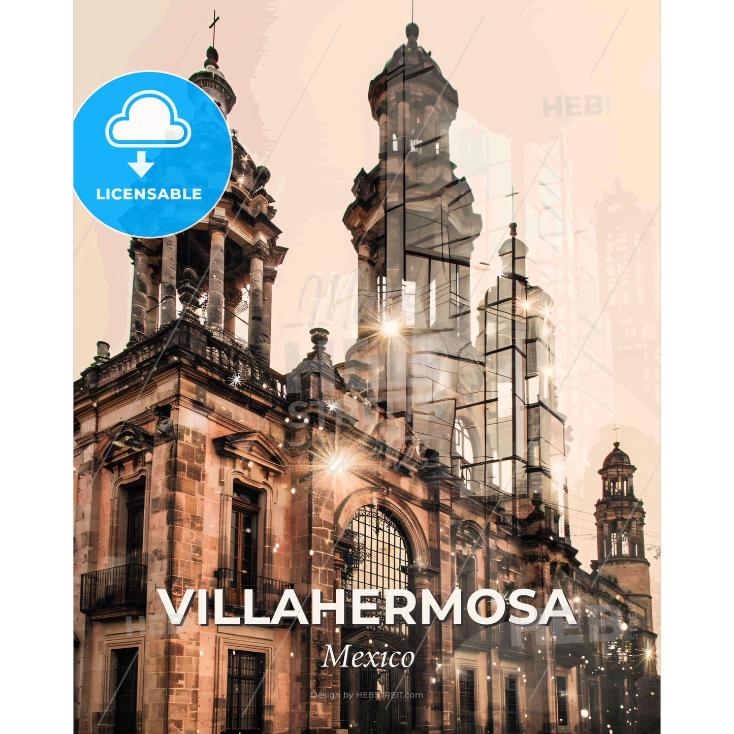 Villahermosa Cityscape: Enchanting Lights and City Icons - A building with a large tower - Square format print template