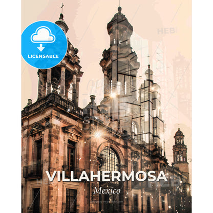 Villahermosa Cityscape: Enchanting Lights and City Icons - A building with a large tower - Square format print template