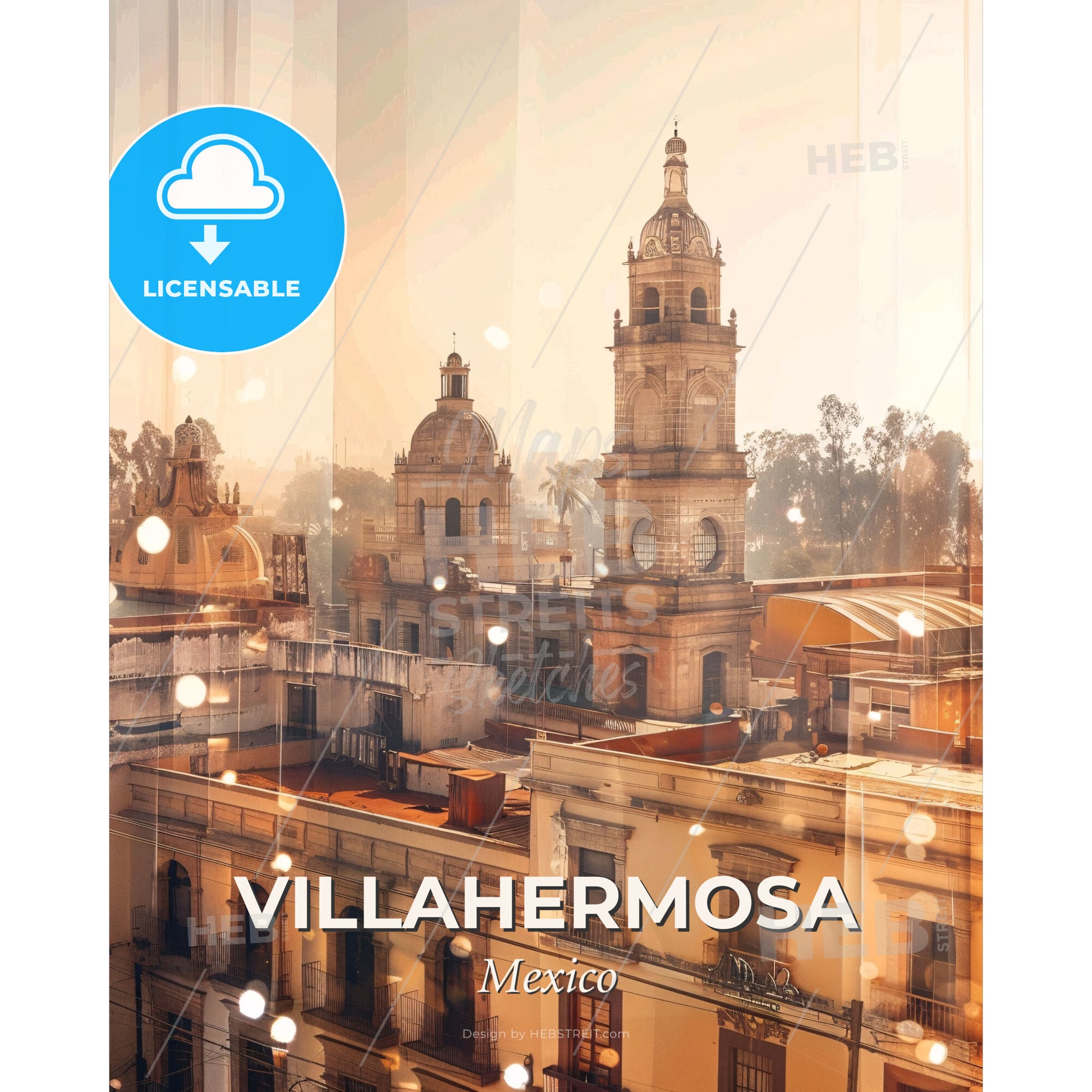Villahermosa: City and Architecture Art Poster - A building with a tower - Square format print template