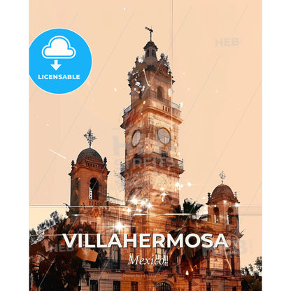 Villahermosa, Mexico: City Skyline Art Poster - A large building with a clock tower - Square format print template