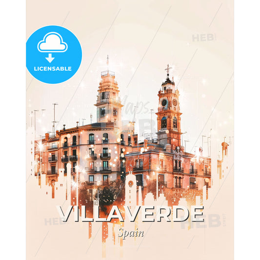 Villaverde: Cityscape Canvas of History and Dreams - A building with towers and a clock tower - Square format print template
