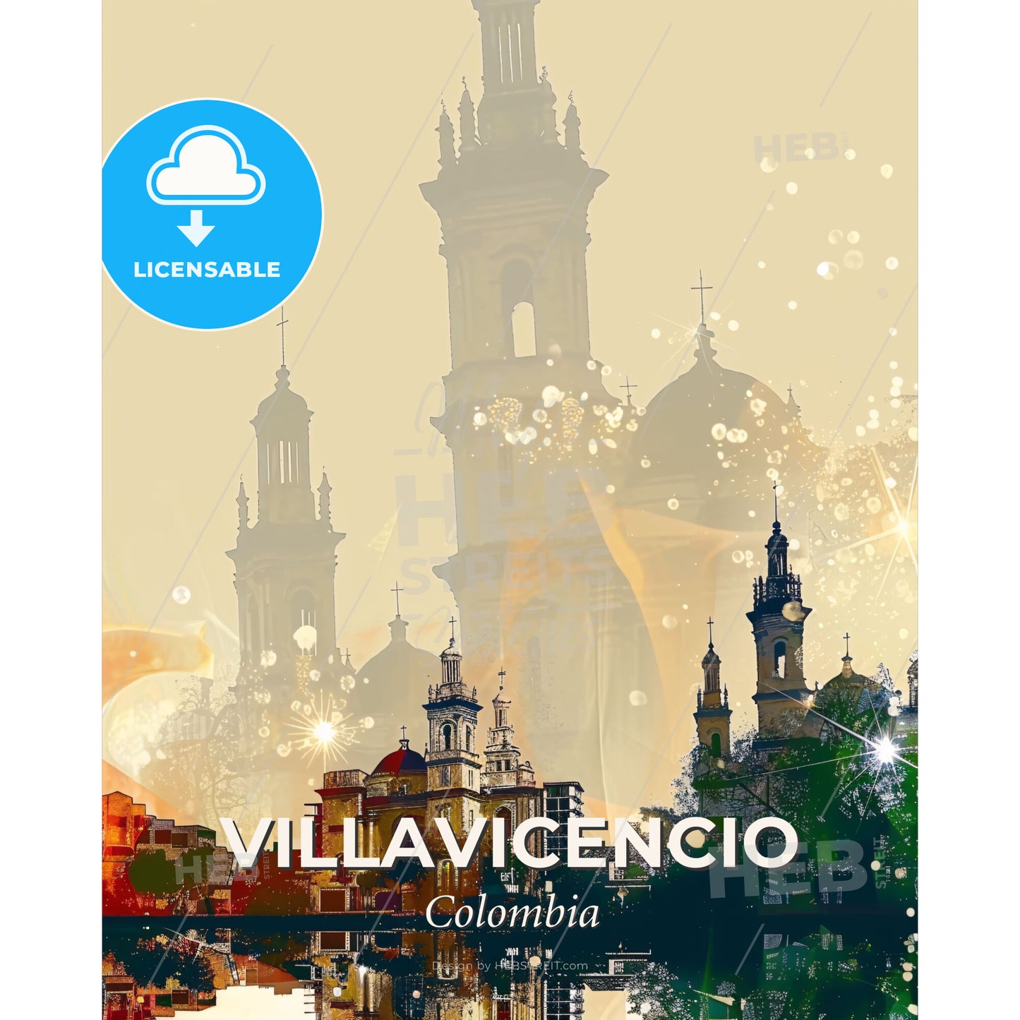 Villavicencio City Skyline Composite Art, Bright Beige Background - A city with a tall building - Square format print template