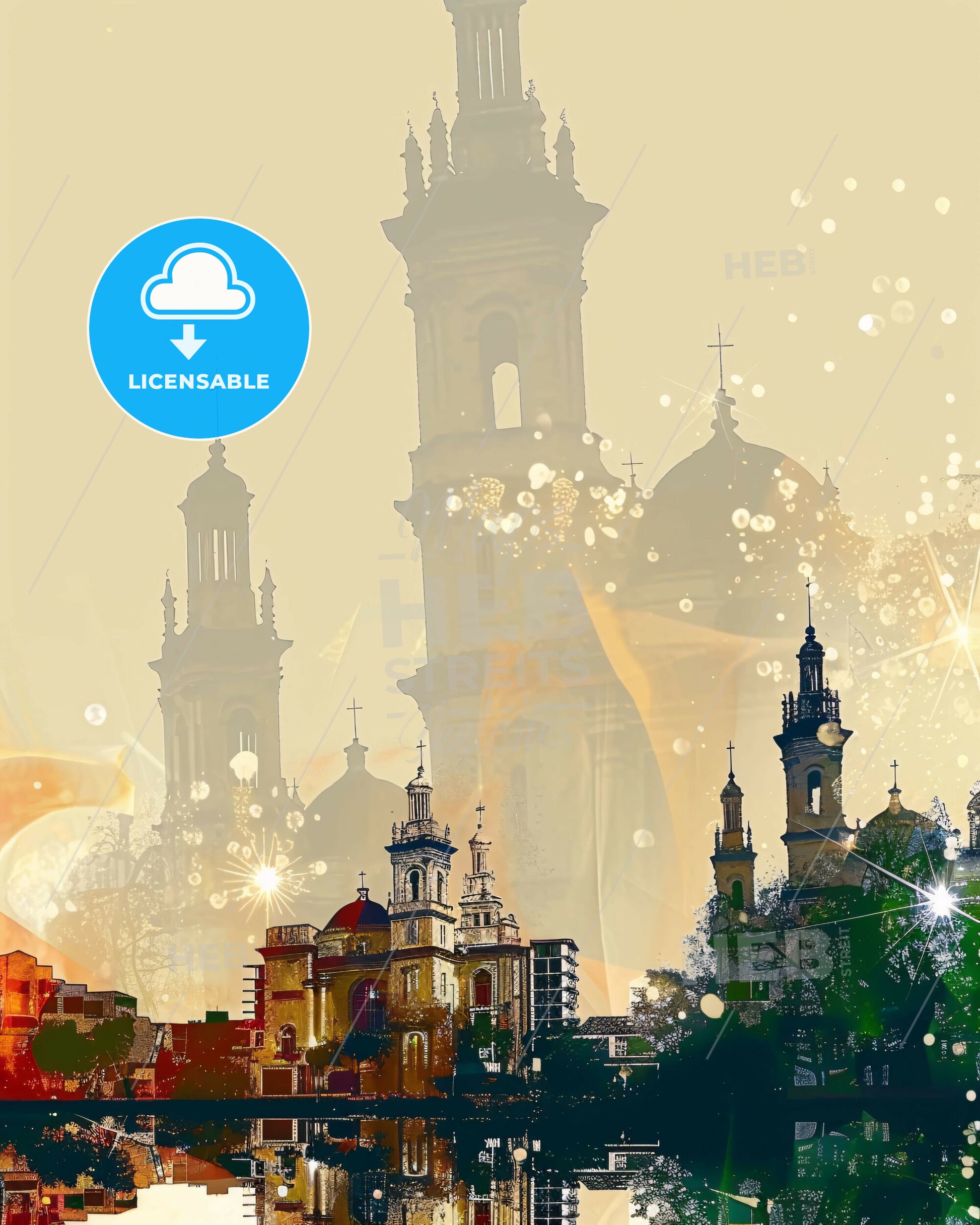 Villavicencio City Skyline Composite Art, Bright Beige Background - A city with a tall building