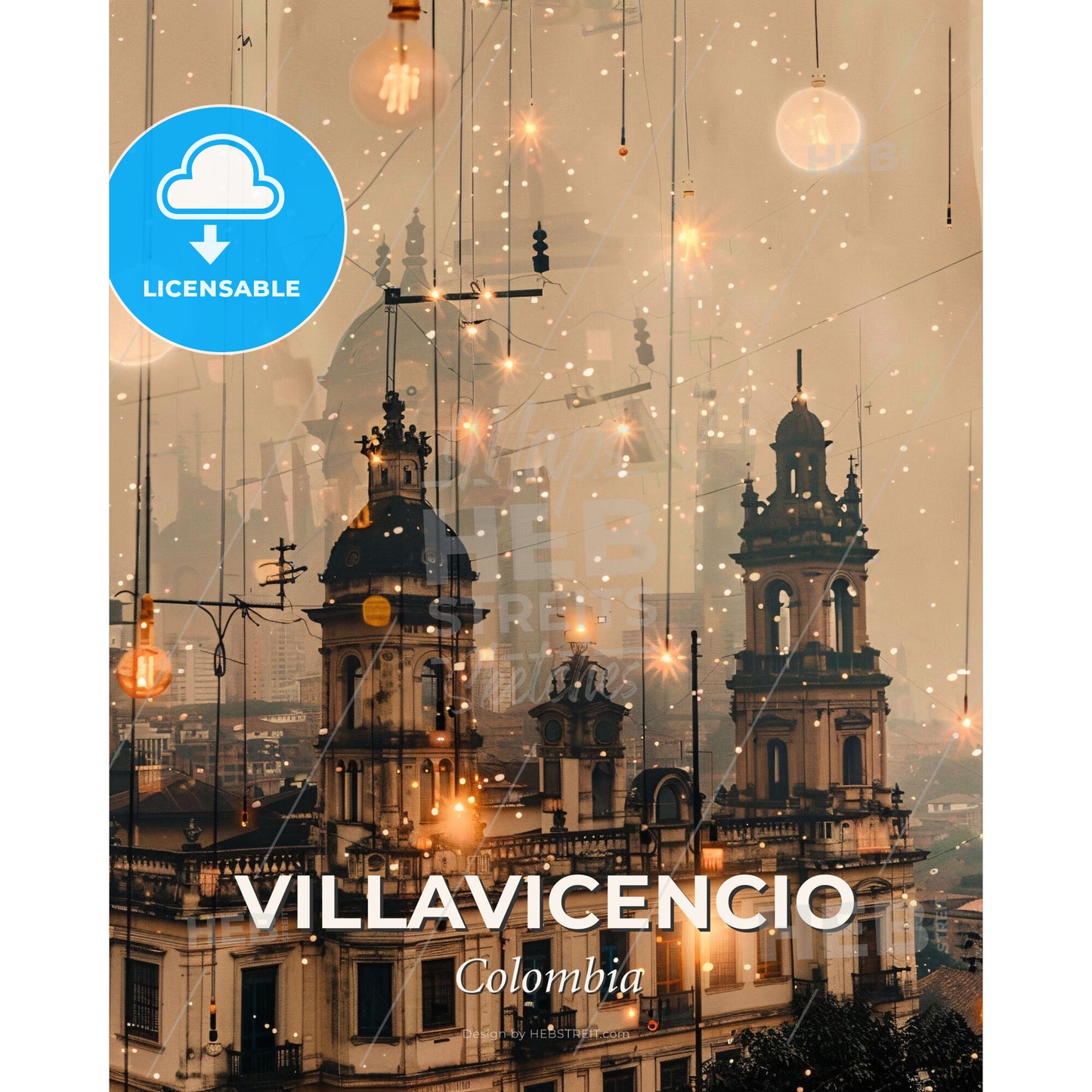 Villavicencio Skyline Cityscape Composite Art - A building with lights from wires - Square format print template