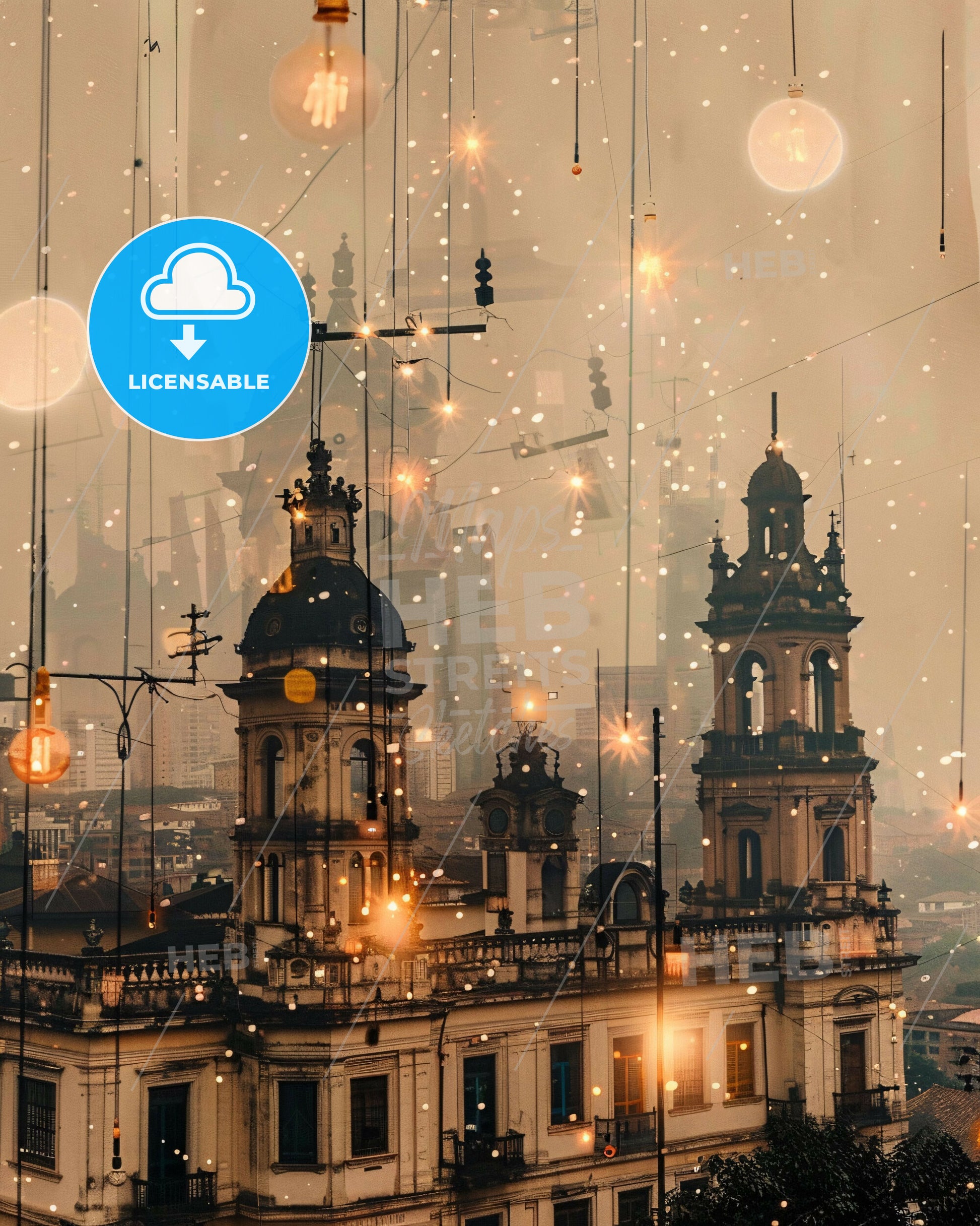 Villavicencio Skyline Cityscape Composite Art - A building with lights from wires