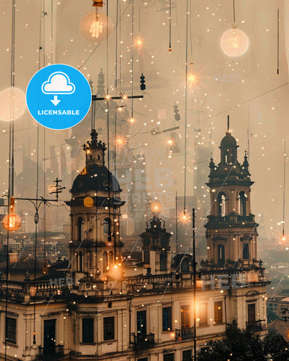 Villavicencio Skyline Cityscape Composite Art - A building with lights from wires