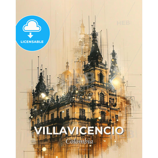 Villavicencio Cityscape: Art Deco Symphony - A building with towers and a tower - Square format print template