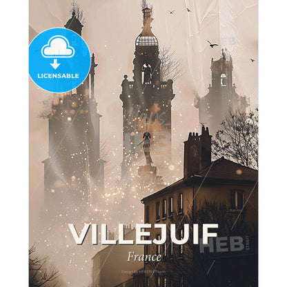 Villejuif Skyline Art: Double Exposure Cityscape - A building with a statue and a statue in the middle - Square format print template