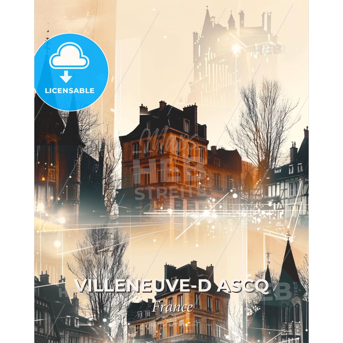 Villeneuve-d Ascq Skyline Urban Silhouette Poster - A group of buildings with trees and buildings in the background - Square format print template