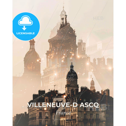 Villeneuve-d Ascq Skyline Art Poster Beige Background - A city with many buildings - Square format print template