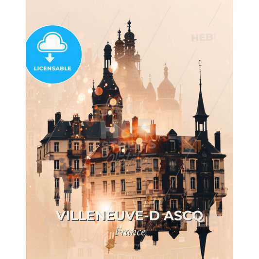 Villeneuve-d Ascq France Skyline Bright Poster Design - A building with towers and a dome - Square format print template