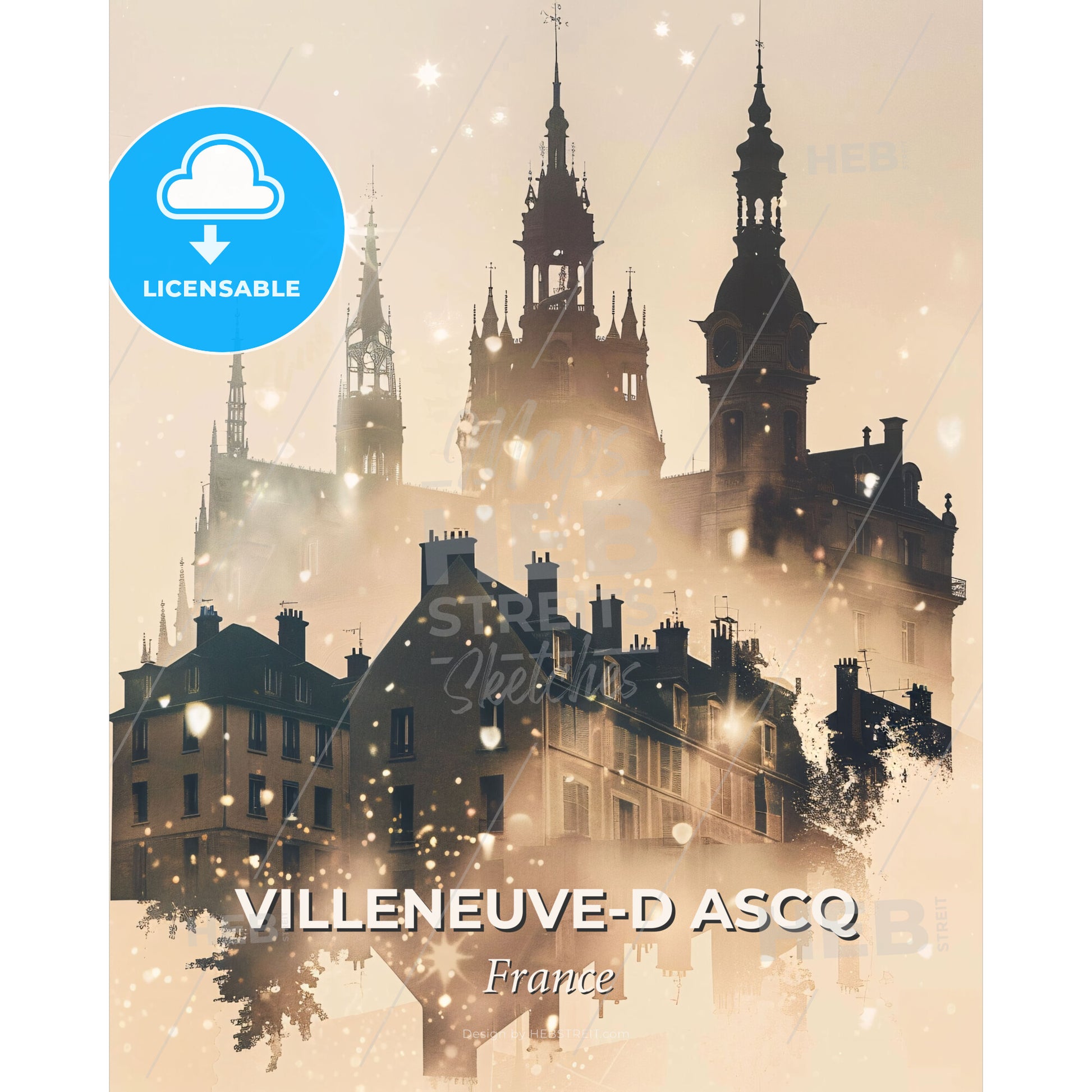 Villeneuve-d Ascq Skyline Double Exposure Art - A building with towers and spires - Square format print template