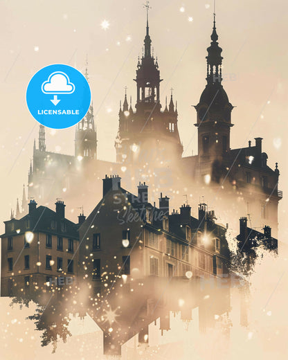 Villeneuve-d Ascq Skyline Double Exposure Art - A building with towers and spires