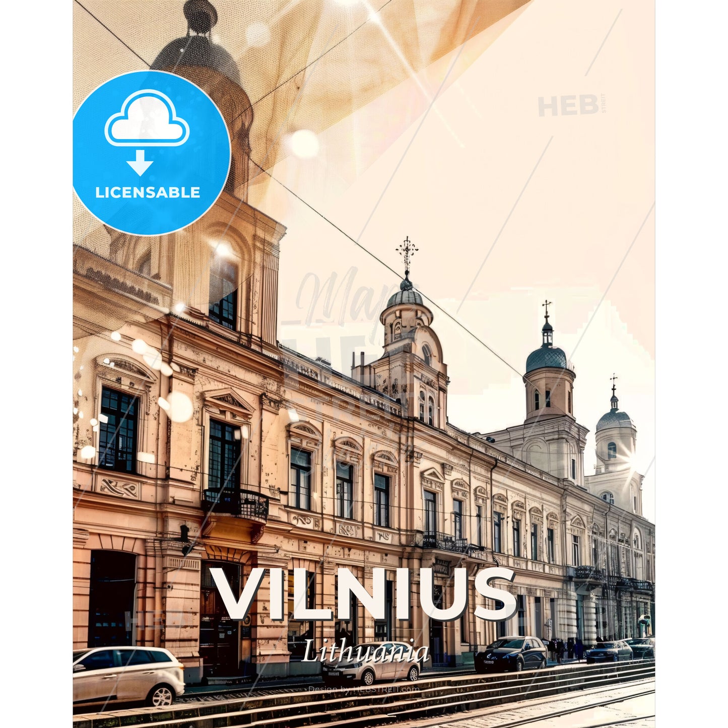 Vilnius Cityscape Composite Art: Historical Meets Modern - A building with cars parked on the side - Square format print template