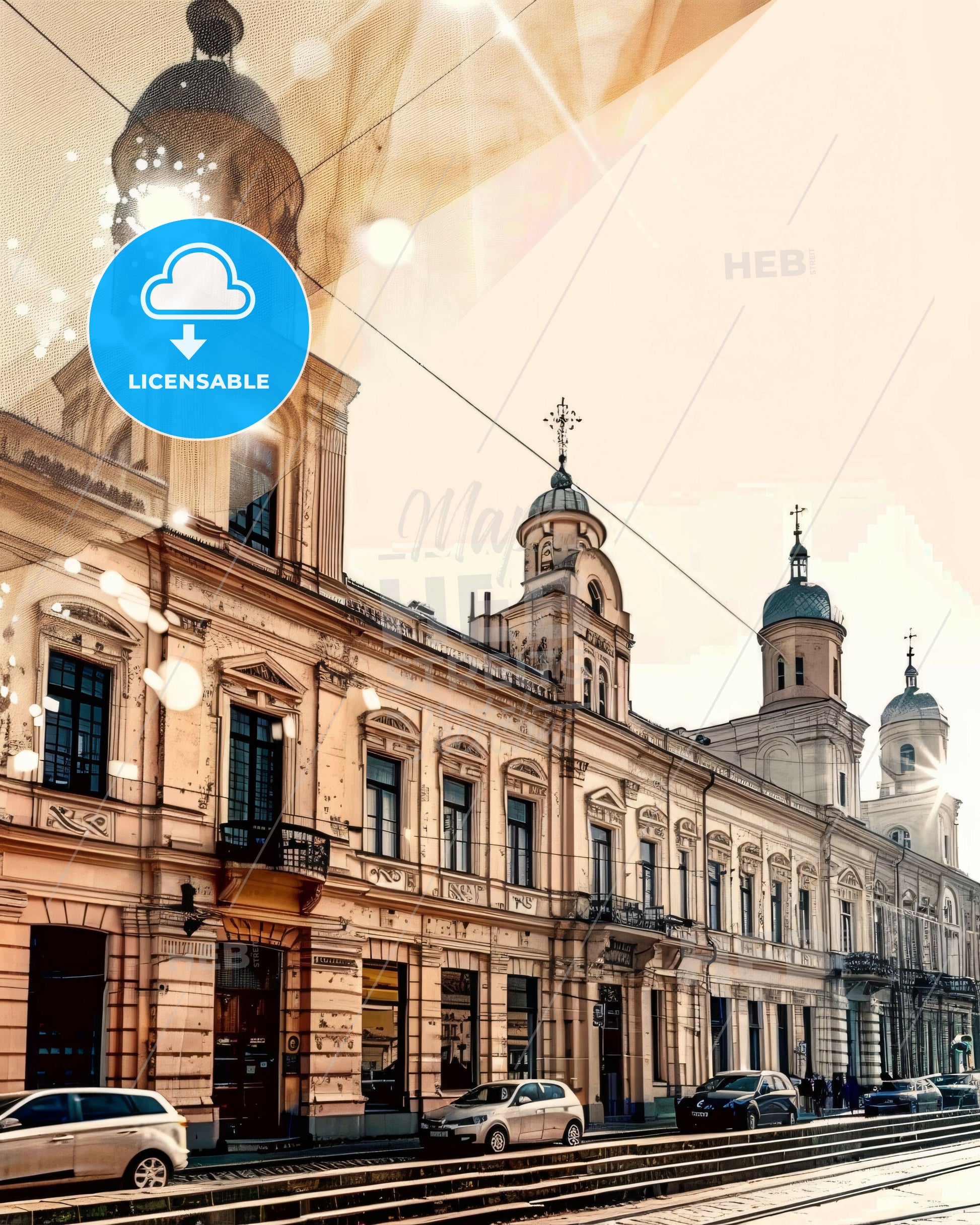 Vilnius Cityscape Composite Art: Historical Meets Modern - A building with cars parked on the side