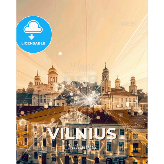 Vilnius Skyline Double Exposure Poster Art - A group of buildings with a fireworks in the background - Square format print template