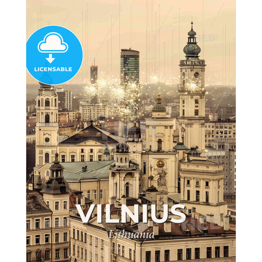 Vilnius Skyline Double Exposure City Art Poster - A large white building with towers and towers with a city in the background - Square format print template