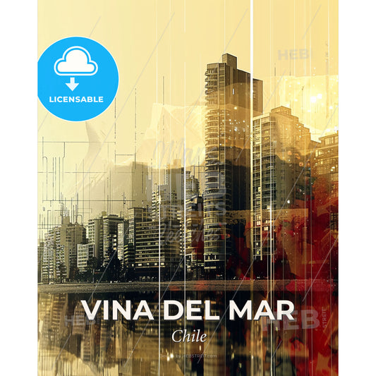 Vina del Mar Skyline Double Exposure Art Poster - A city skyline with water and a person's hand - Square format print template