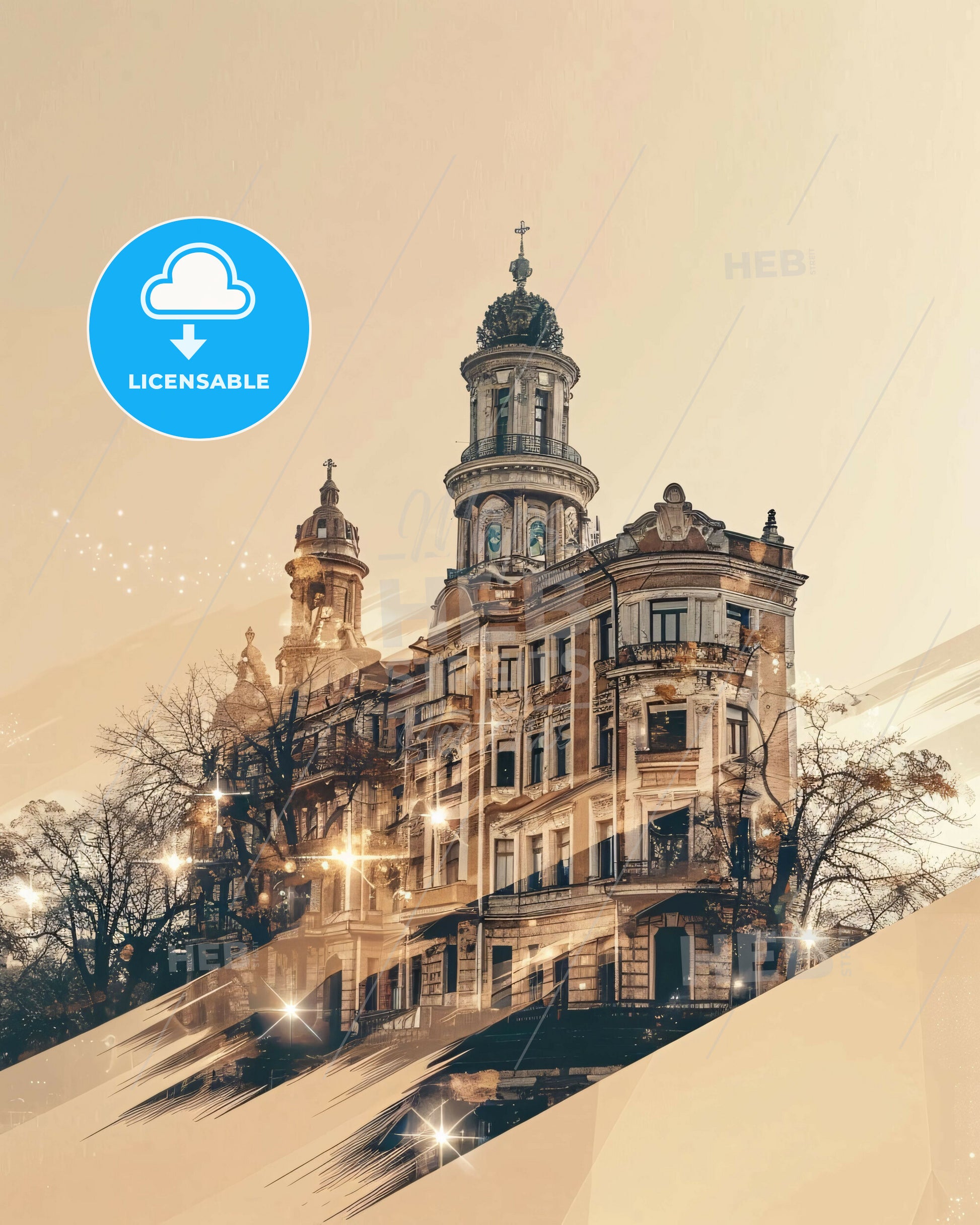 Vinnytsia City Icons Art Poster Skyline - A building with a tower and trees