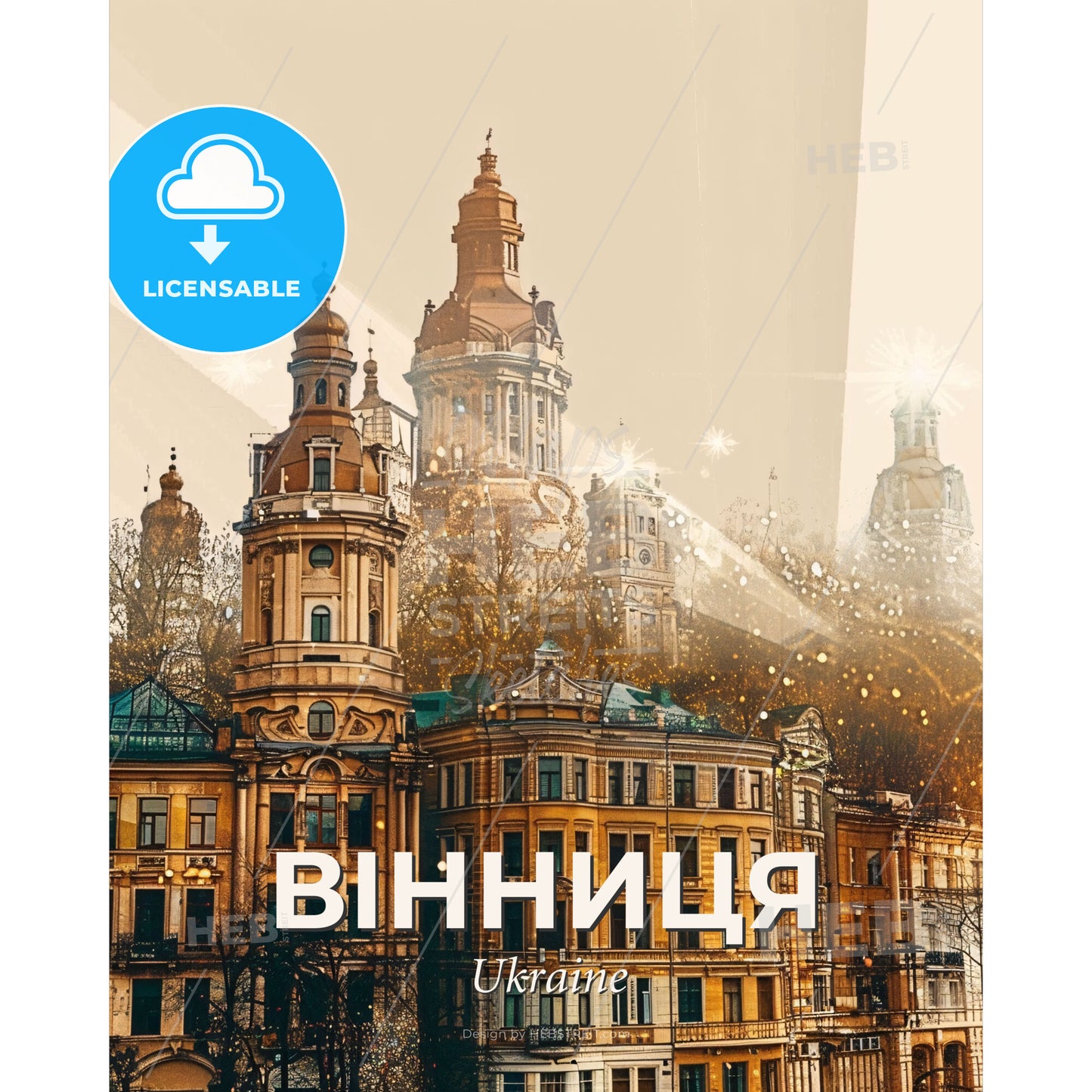 Vinnytsia Cityscape Art: Beige, Sparkles, Icons - A group of buildings with many towers - Square format print template