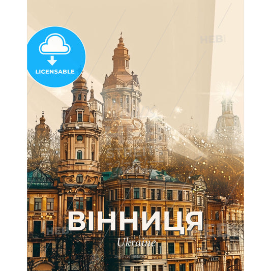 Vinnytsia Cityscape Art: Beige, Sparkles, Icons - A group of buildings with many towers - Square format print template