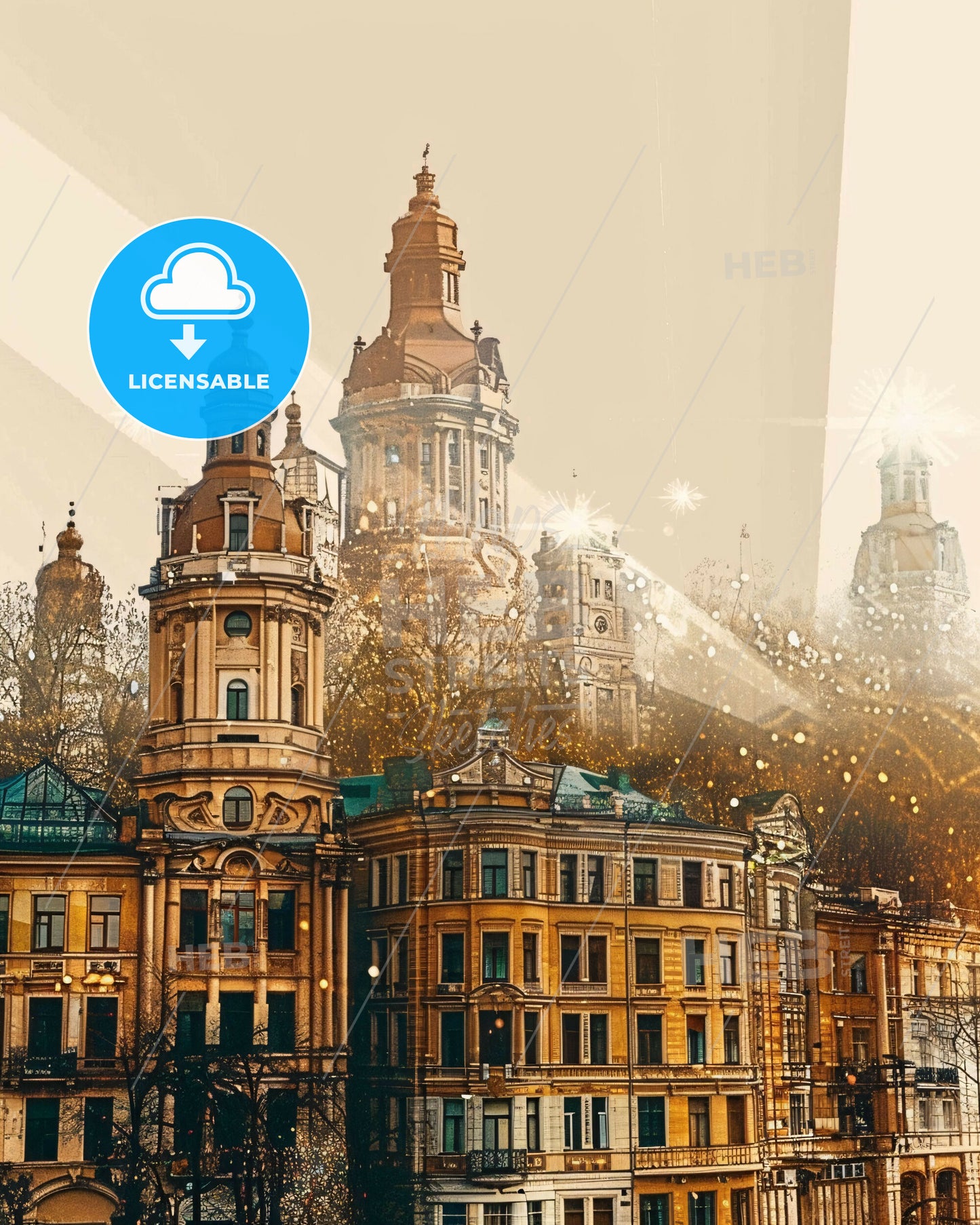 Vinnytsia Cityscape Art: Beige, Sparkles, Icons - A group of buildings with many towers