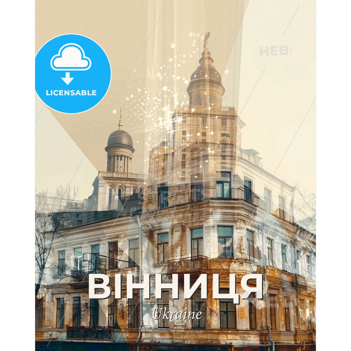 Vinnytsia Skyline with Local Landmarks on Beige - A building with a tower and a statue - Square format print template