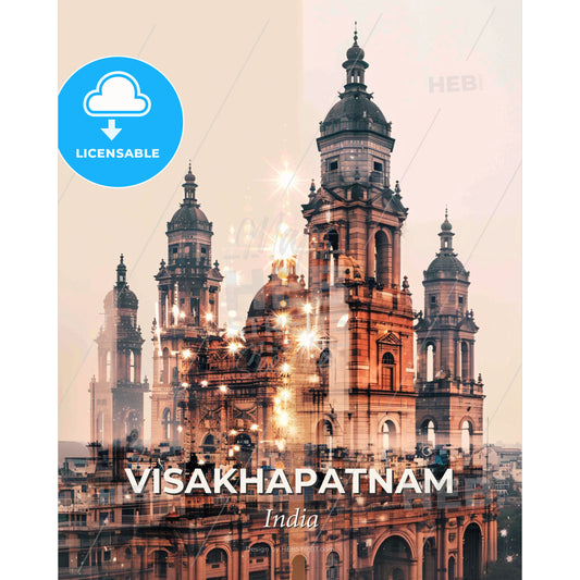 Visakhapatnam India Skyline Art Poster - A large building with towers and a city in the background - Square format print template