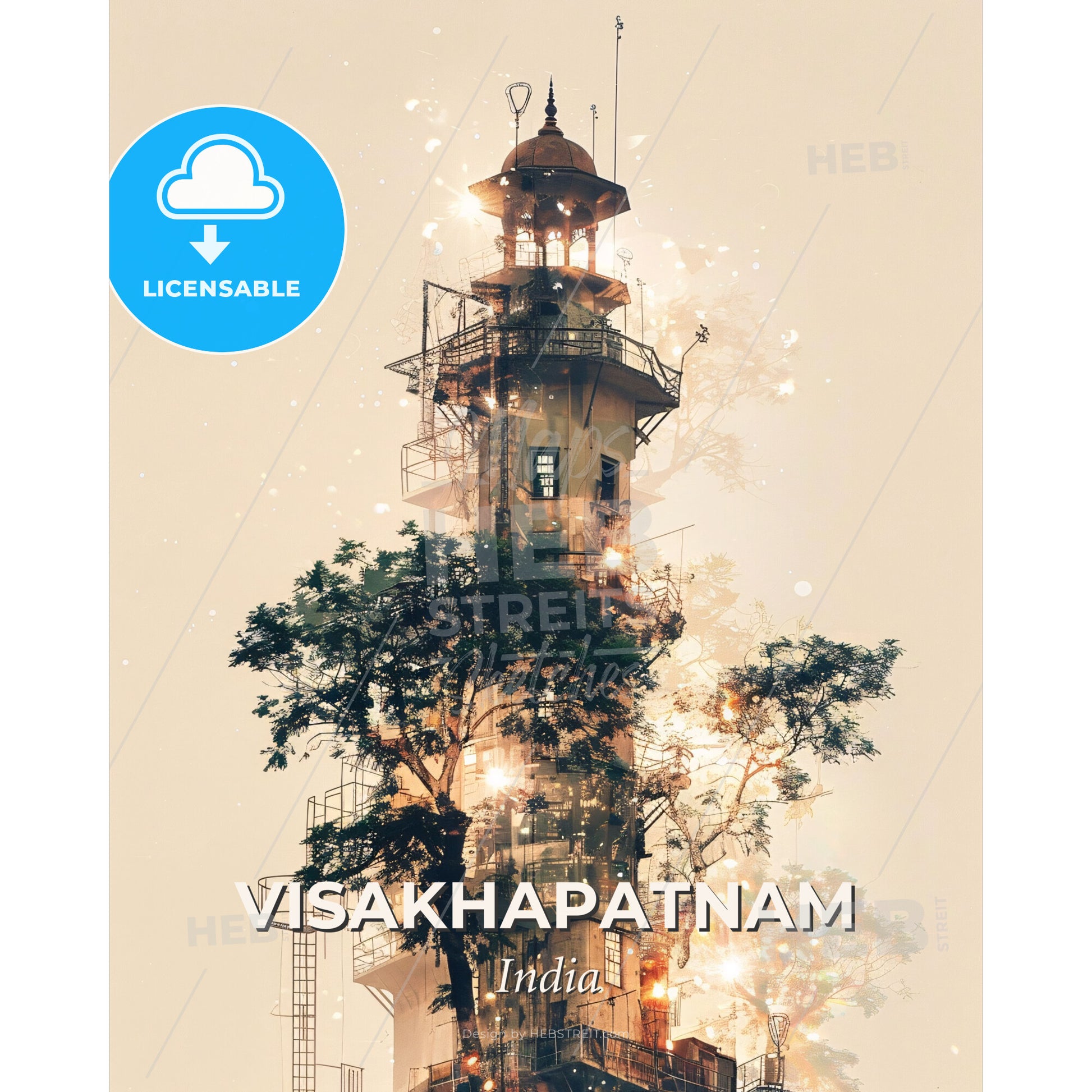 Visakhapatnam Skyline Double Exposure Art - A tower with a tree - Square format print template