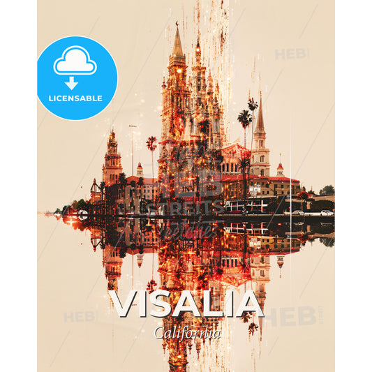 Visalia Cityscape Skyline Art Panorama - A castle with towers and lights reflected in water - Square format print template