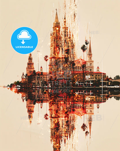 Visalia Cityscape Skyline Art Panorama - A castle with towers and lights reflected in water