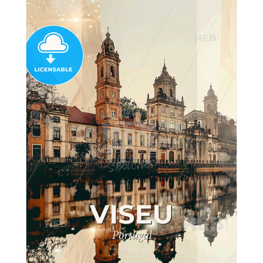 Viseu Skyline Composite Art: Local Icons, Beige Backdrop, Bright Details - A building with towers and a body of water - Square format print template