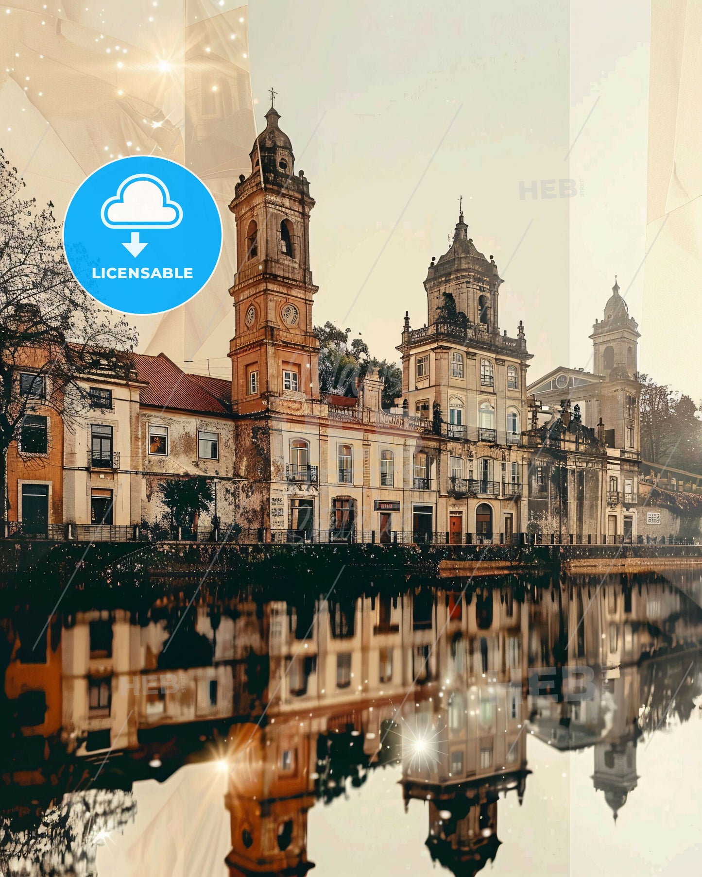 Viseu Skyline Composite Art: Local Icons, Beige Backdrop, Bright Details - A building with towers and a body of water