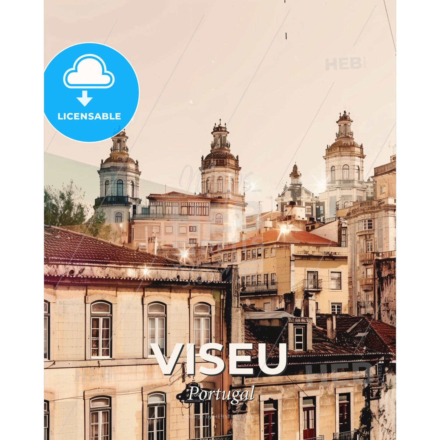 Viseu Skyline Double Exposure Cityscape Art - A group of buildings with towers - Square format print template