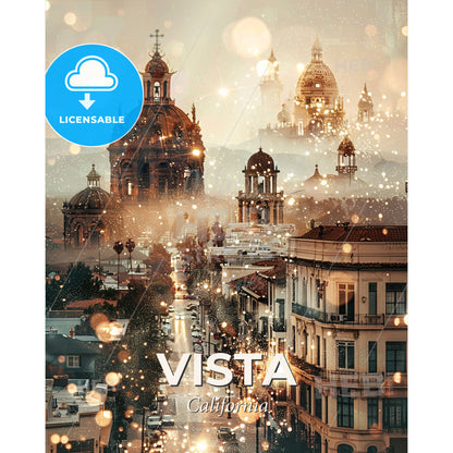 Vista Skyline City Icons Double Exposure Art - A city with buildings and lights - Square format print template