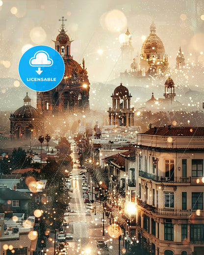 Vista Skyline City Icons Double Exposure Art - A city with buildings and lights