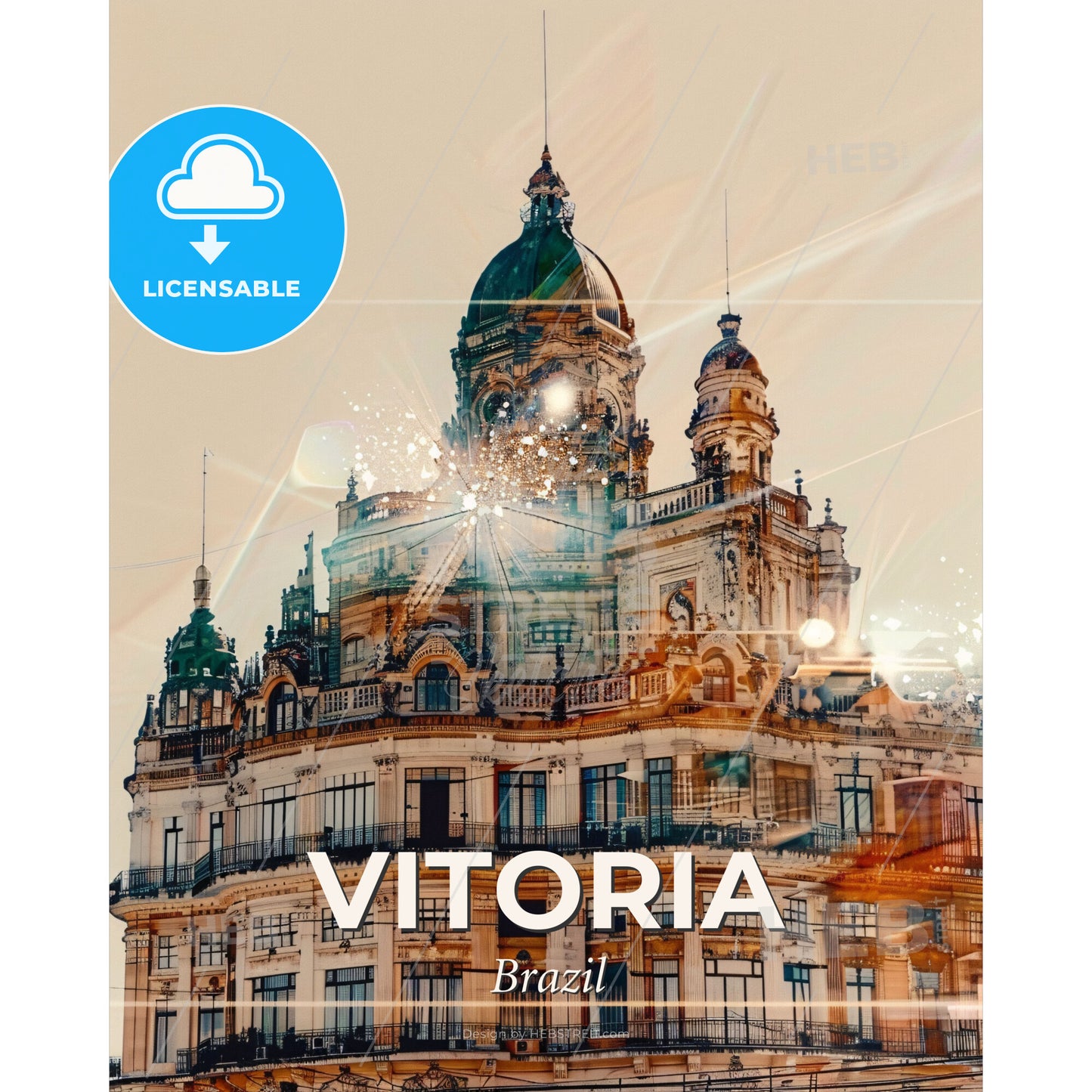Vitoria Skyline Poster Art: Local Icons Sparkle - A building with a tower and fireworks - Square format print template