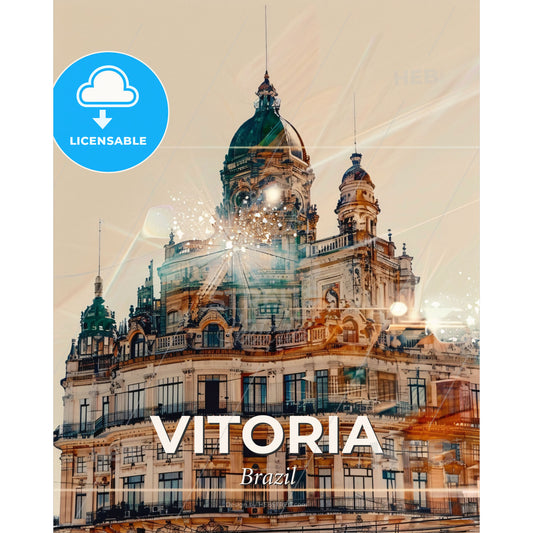 Vitoria Skyline Poster Art: Local Icons Sparkle - A building with a tower and fireworks - Square format print template