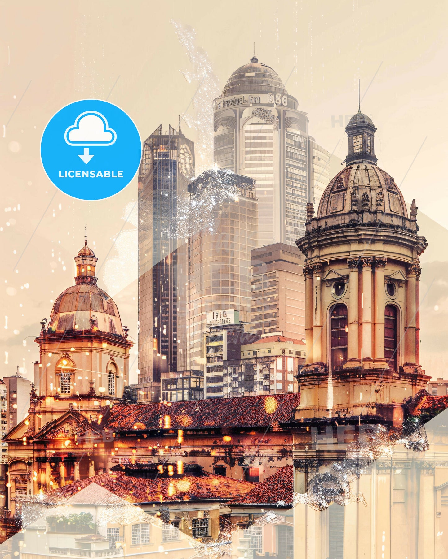 Vitoria Double Exposure Skyline Poster Art - A building with a dome roof and a city skyline