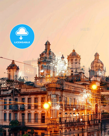 Vitoria Skyline Sunlit Cityscape Art Print - A building with many windows and a street light