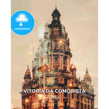 Vitoria da Conquista, City Lights Panorama Art - A large building with a tower - Square format print template