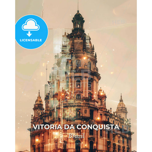 Vitoria da Conquista, City Lights Panorama Art - A large building with a tower - Square format print template