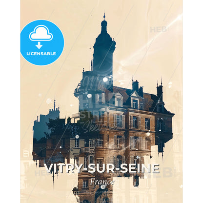 Vitry-sur-Seine: Double Exposure Cityscape Silhouette - A building with a tower - Square format print template