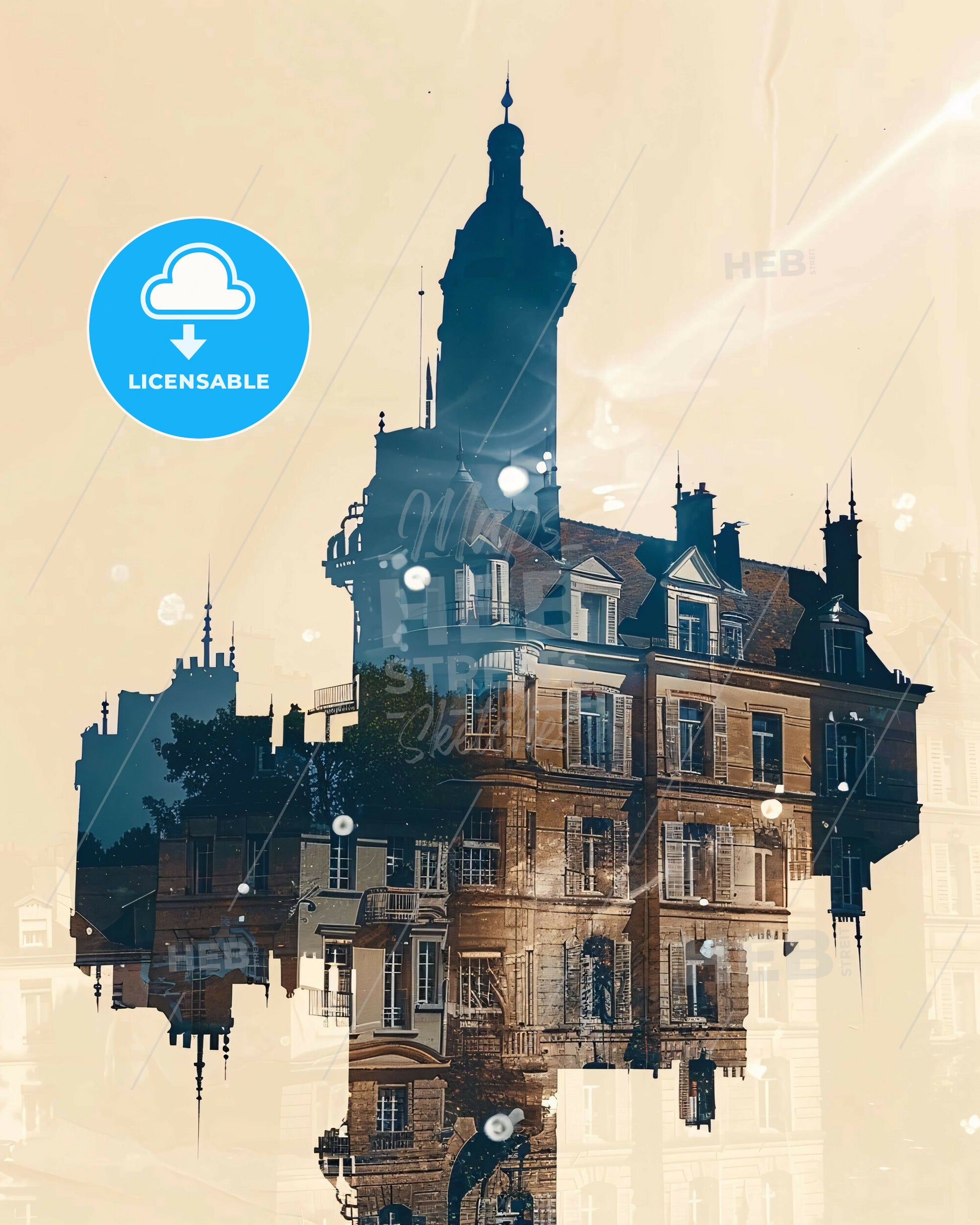 Vitry-sur-Seine: Double Exposure Cityscape Silhouette - A building with a tower
