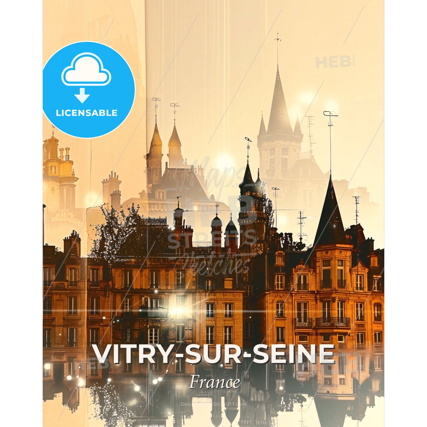 Vitry-sur-Seine Double Exposure City Skyline Art - A city with many buildings - Square format print template