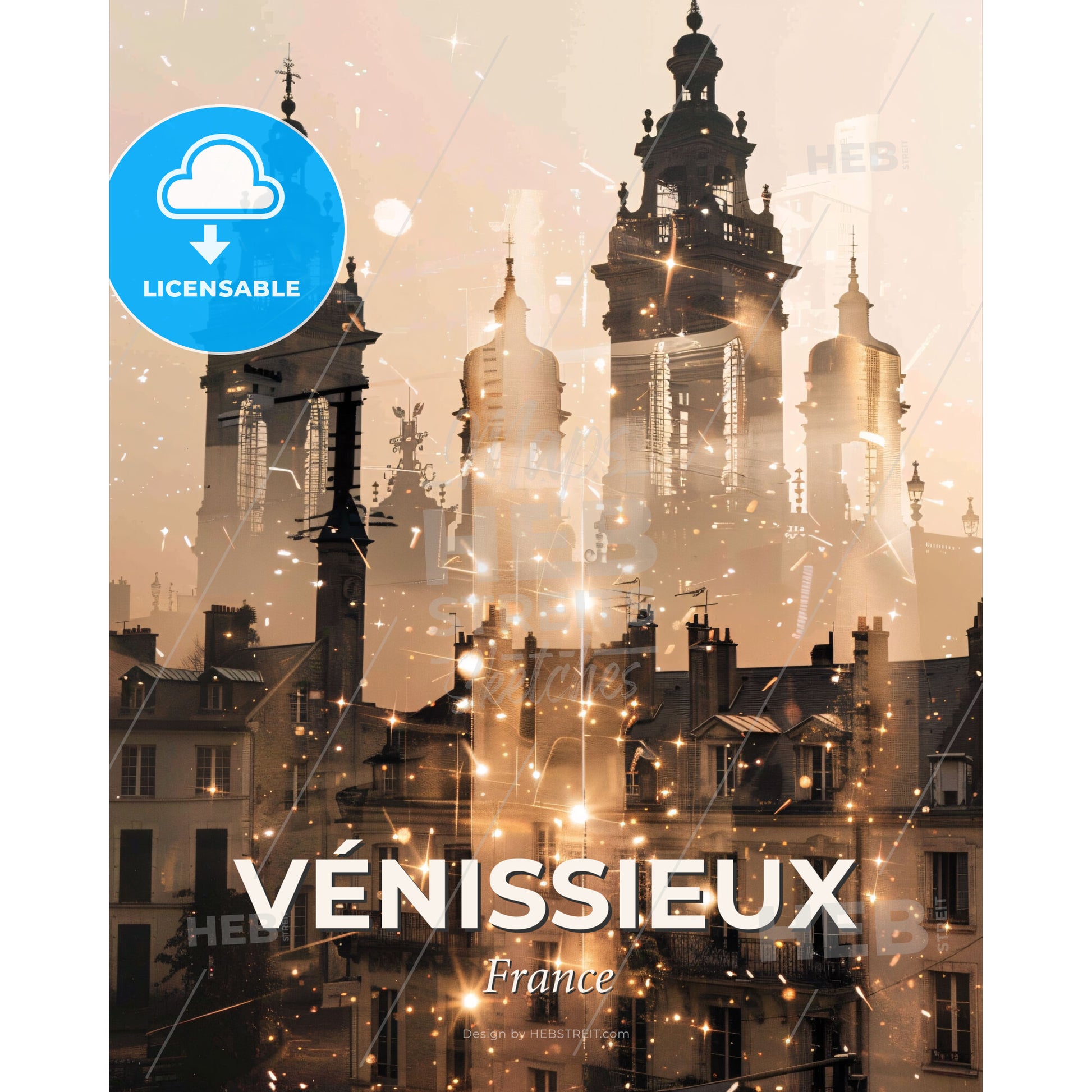 Vénissieux Skyline Art: Double Exposure Silhouette - A city with many buildings - Square format print template