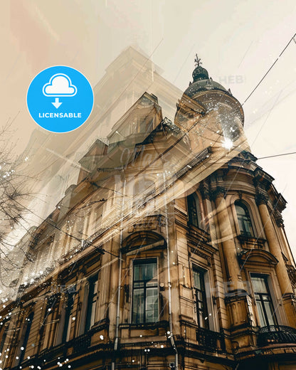 Volgograd Skyline Double Exposure Poster Art - A building with a tower and a dome