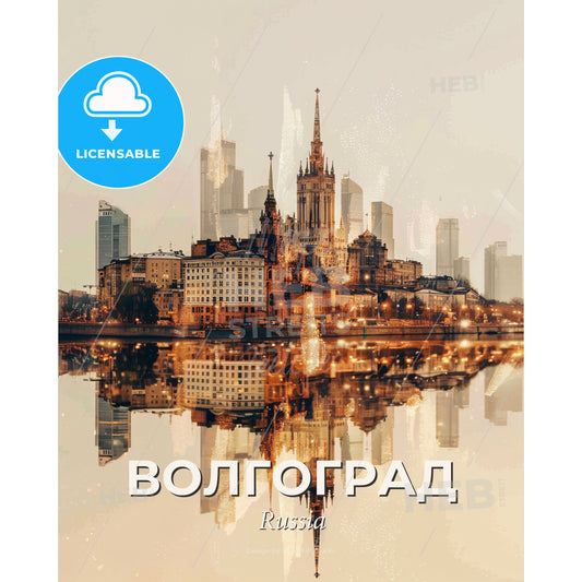 Volgograd: City Skyline Art Bright Beige Background - A city with many buildings and a body of water - Square format print template