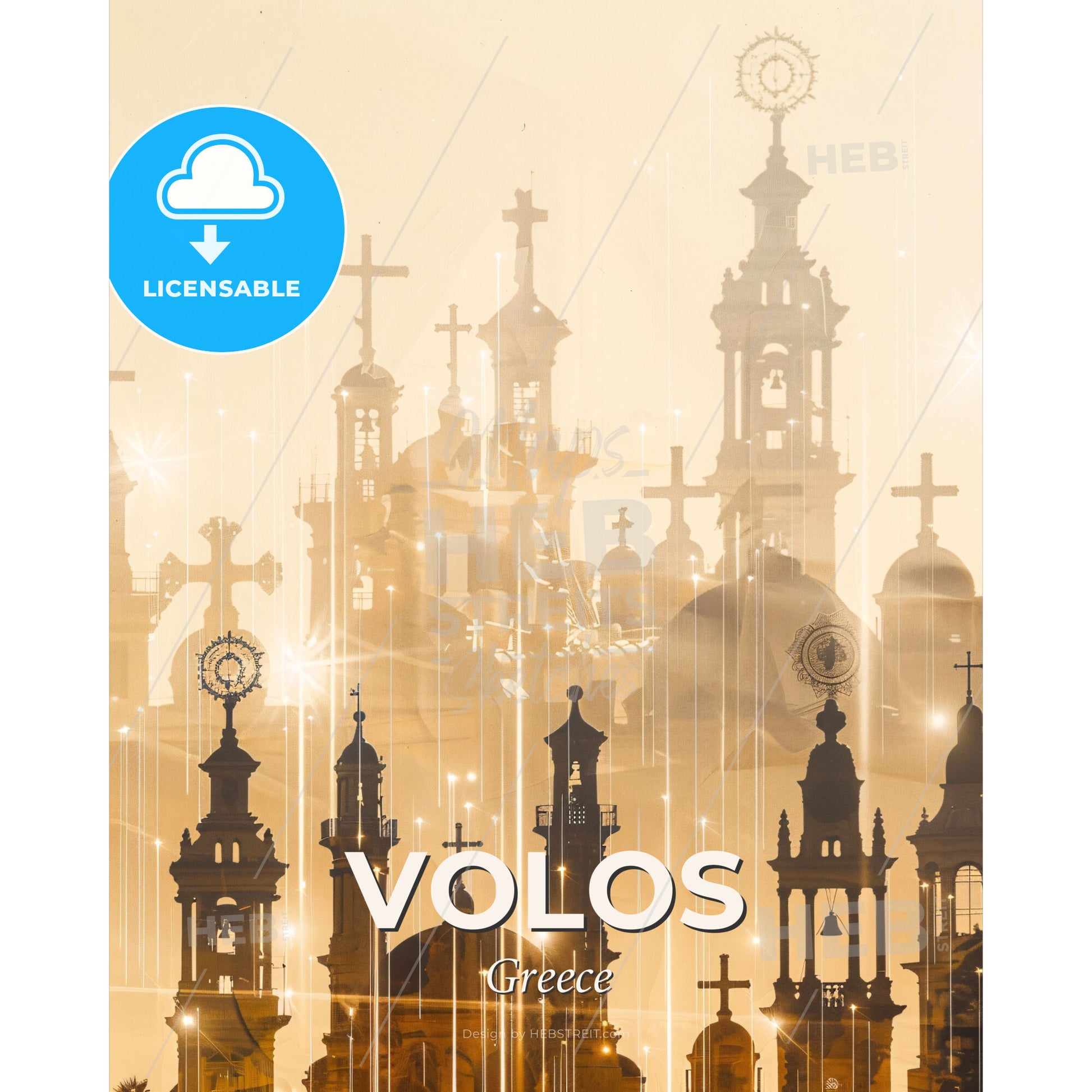 Volos Double Exposure Skyline Cityscape Poster - A silhouette of a building with crosses and lights - Square format print template